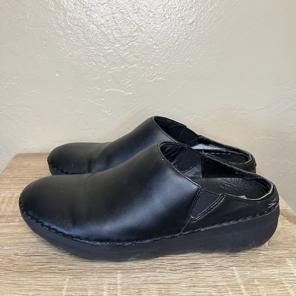 Fitflop Womens Black SHUV Leather Slip-On Clogs Sz 7.5 Comfort Microwobbleboard